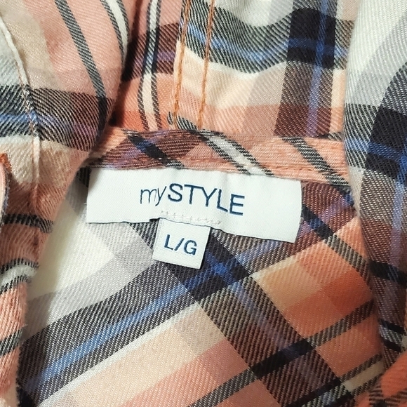 mySTYLE Plaid Button Down Shirt Oversized Hood Flannel-like Long Sleeves Pink Lg - Picture 7 of 13